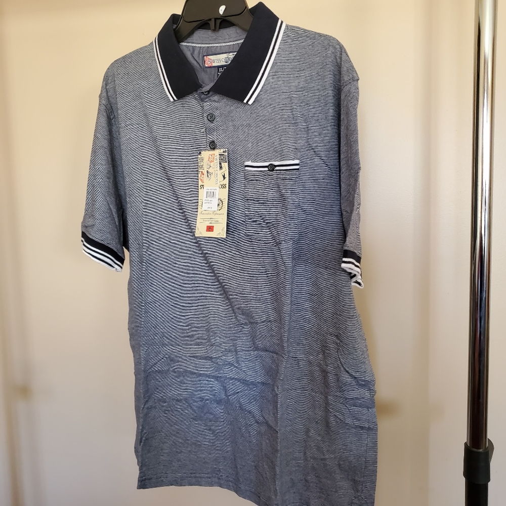 Swiss Cross Men's Striped Navy Polo Shirt, New, XL
